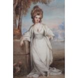 Maplewood framed watercolour, portrait of an 18th Century lady in a landscape, monogrammed and dated