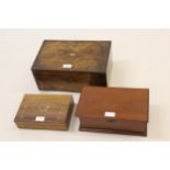 Victorian figured walnut rectangular fold-over writing box, small mahogany box with brass end