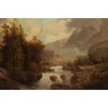 Eugene Castello, 19th Century oil on canvas, mountain river landscape with figures on the bank,