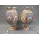 Pair of 20th Century Chinese famille rose hexagonal lantern form table lamps (adapted for use with