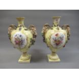 Pair of 19th Century Continental Meissen style two handled pedestal vases, the pale yellow ground