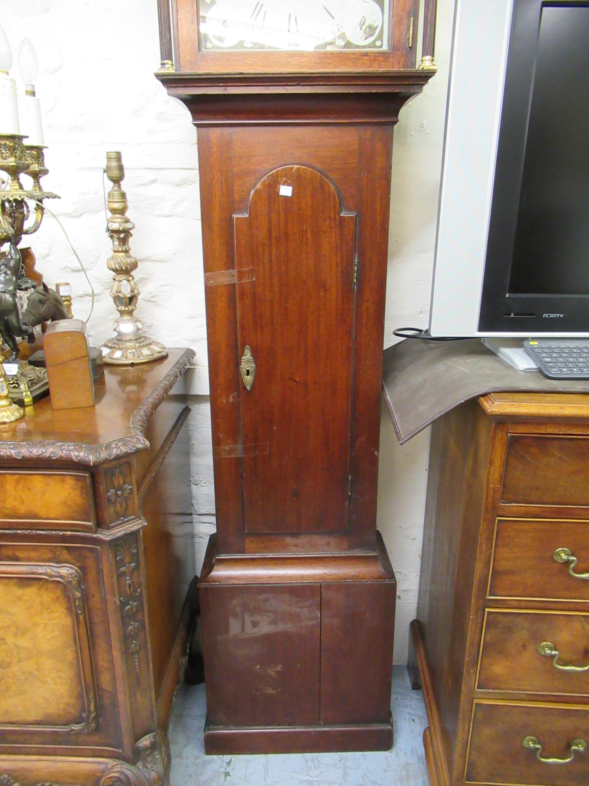 Early 19th Century mahogany longcase clock, the arched hood above an arched panel door, the enamel - Image 2 of 5