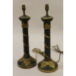 Pair of late 20th Century plaster column form table lamps, with green and gilt decoration, 23ins