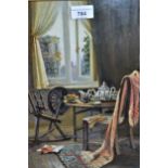 Mixed media painting, interior scene with a spinning wheel and tea table, 13ins x 9.5ins