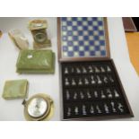 Late 20th Century onyx chess set with various pieces including a mantel clock, boxes etc. Some
