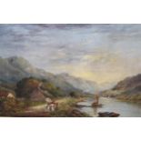 19th Century English school, oil on canvas, Highland lake scene with figure and horse and cart to