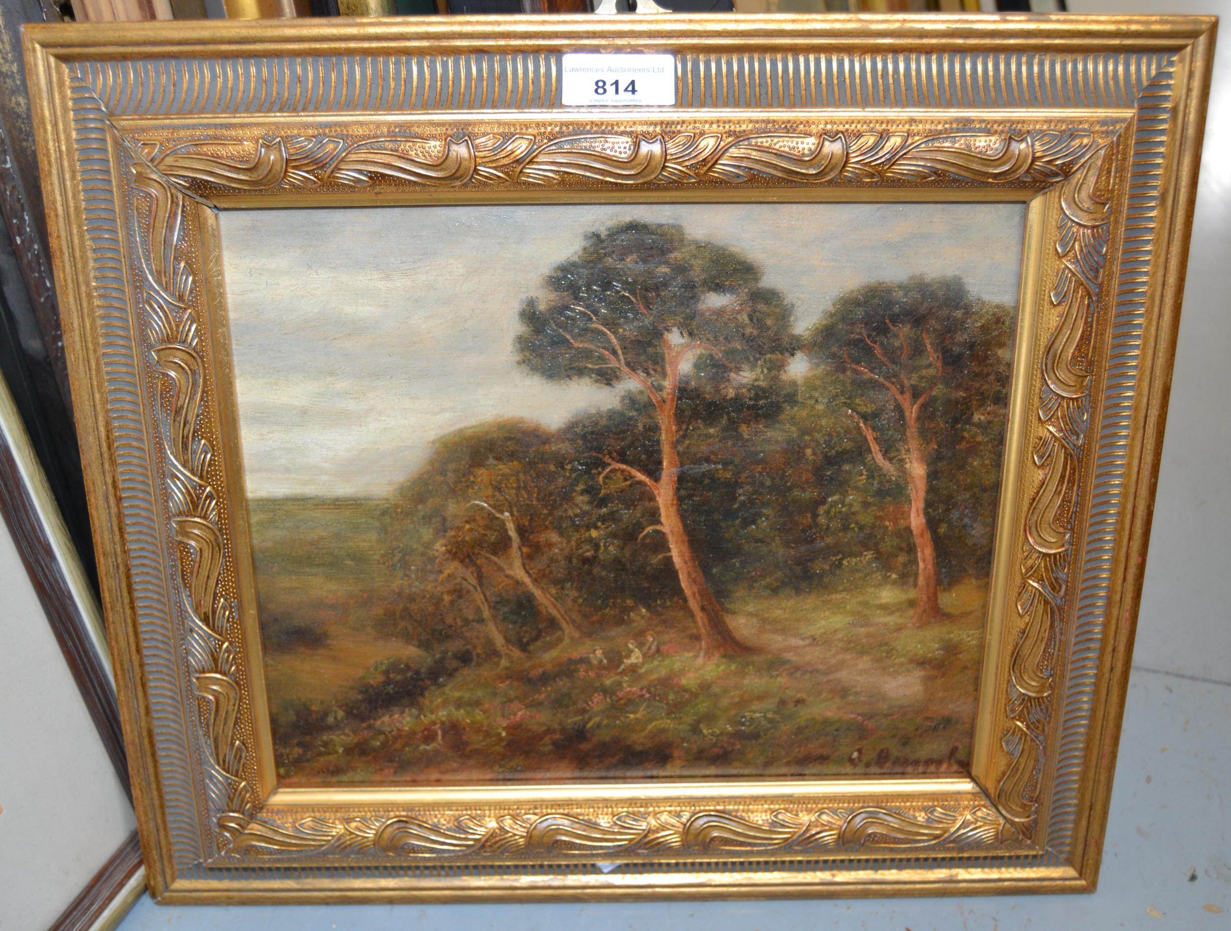 20th Century Russian school oil on board, wooded landscape with figures, signed indistinctly, 9ins x - Image 2 of 2