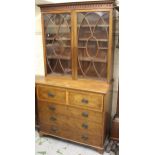 George III mahogany satinwood crossbanded secretaire bookcase, the moulded cornice above two