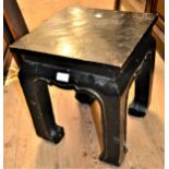 Chinese square black lacquered stool on shaped supports