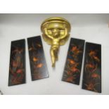 Set of four Far Eastern rectangular black lacquered panels decorated with fish, 11.5ins x 3.75ins,