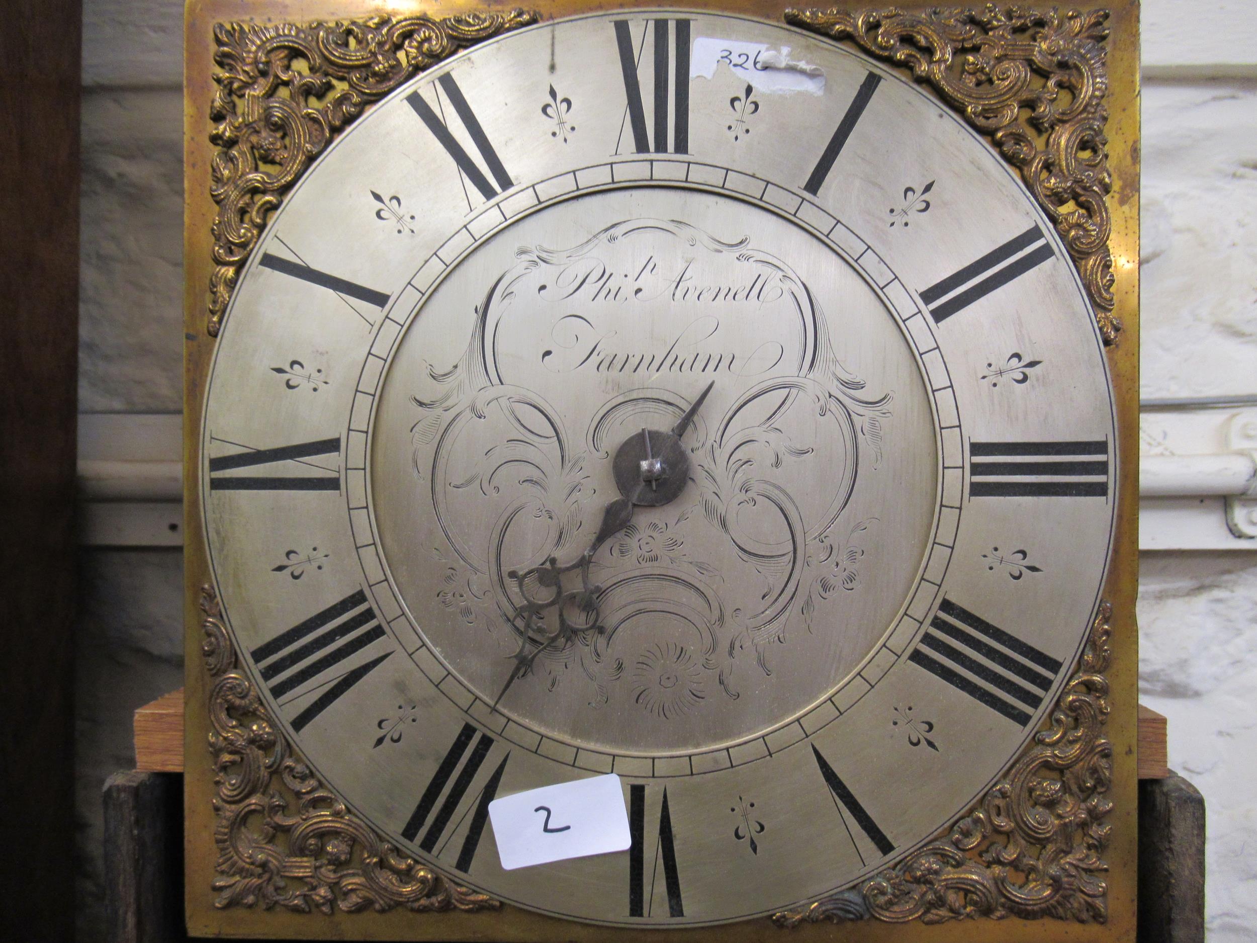 George III oak longcase clock, the square hood above rectangular panel door, the 10.5in brass and - Image 3 of 5