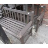 Two small teak garden benches together with a matching chair Both generally in good condition but