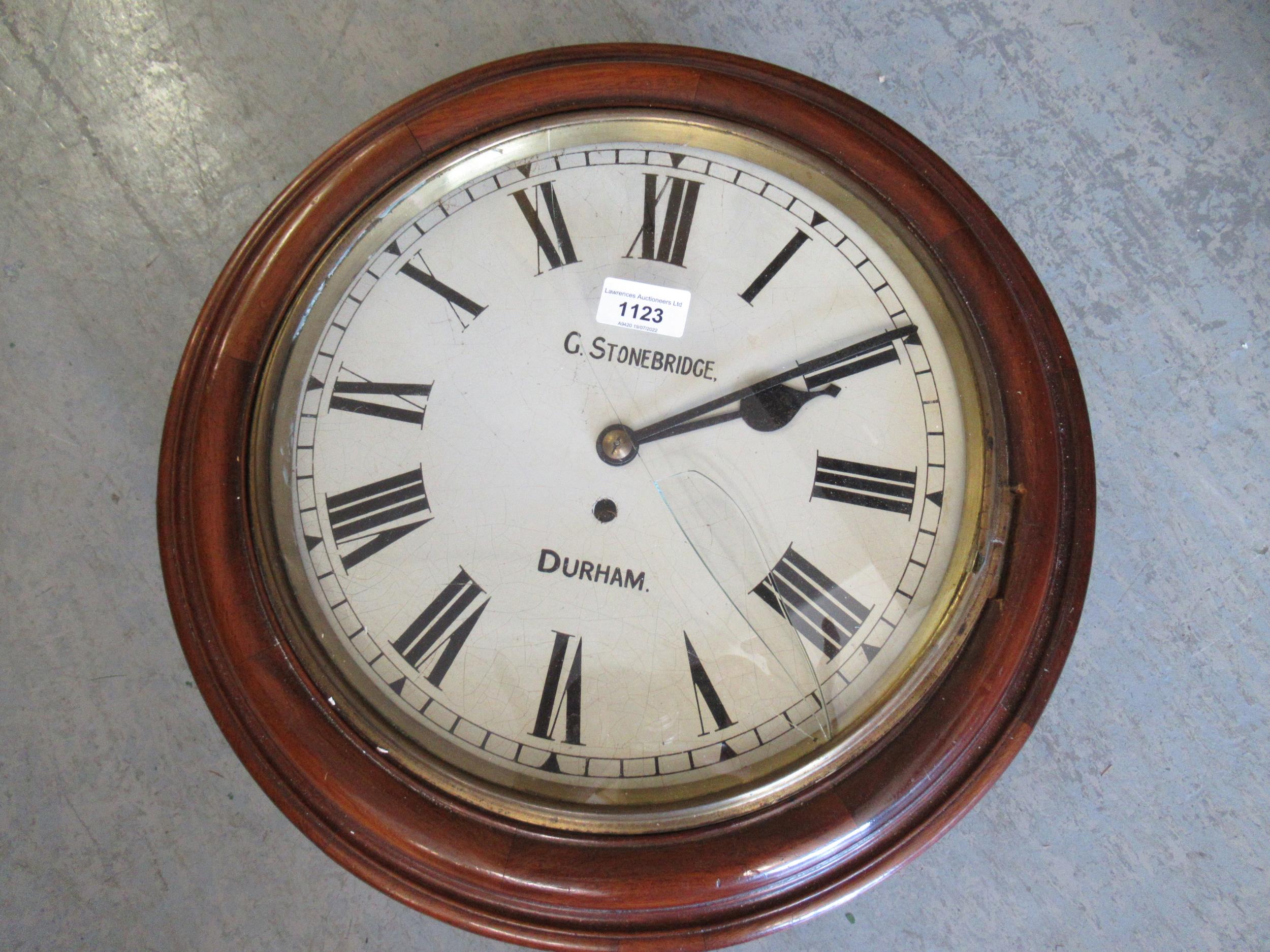 Late 19th / early 20th Century walnut circular wall clock, the 11.75 inch painted dial with Roman