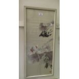 Oriental silk embroidered picture of birds and flowers, 24ins x 10ins approximately, framed,