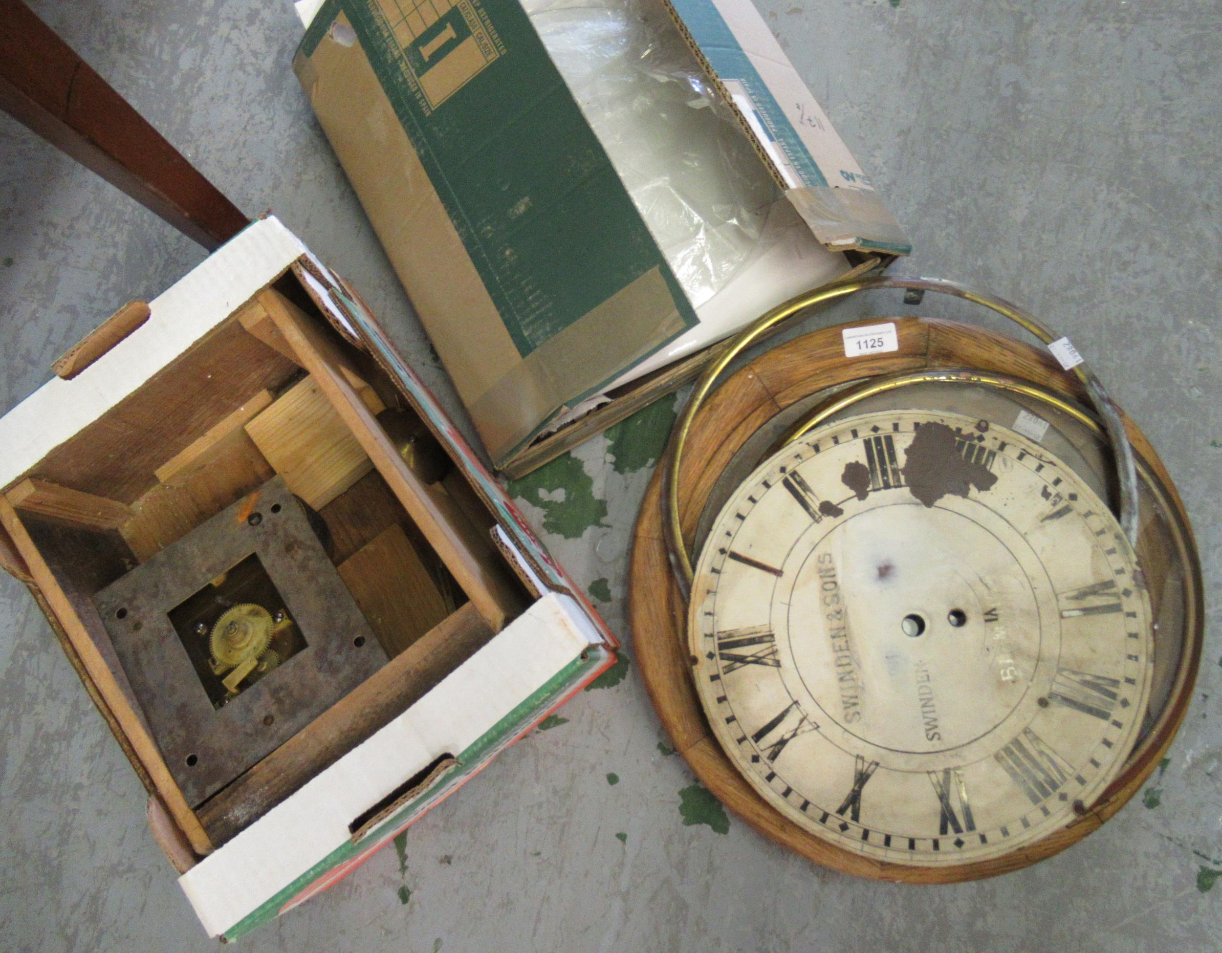 Oak wall clock with fusee movement and painted dial (deconstructed), together with miscellaneous