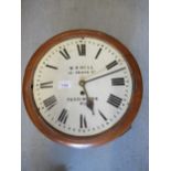 Oak circular wall clock, the 12 inch painted dial with Roman numerals, signed W.H Hill Praed