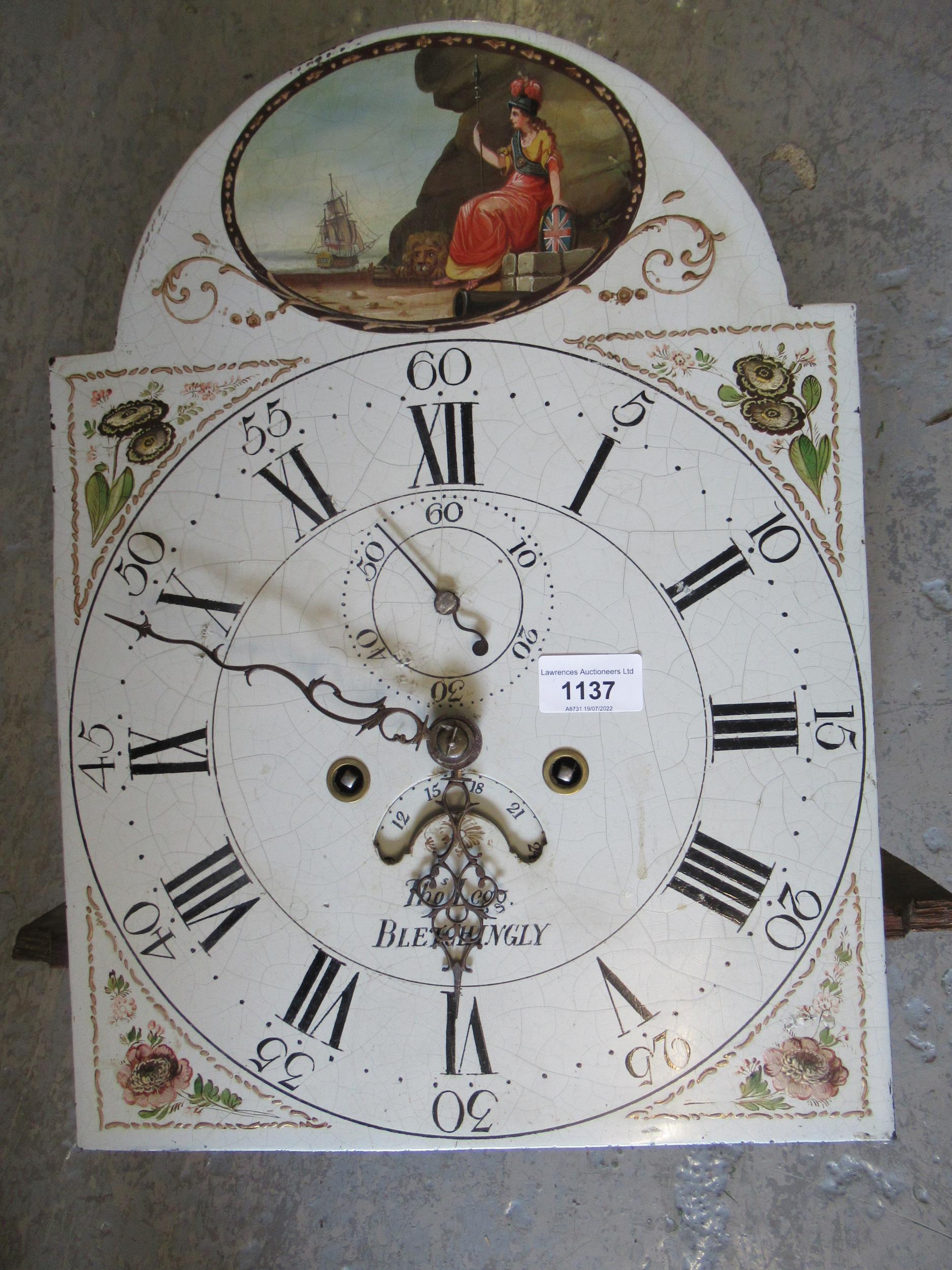 George III arched painted eight day longcase clock movement by Thomas Legg of Bletchingley, together