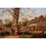 Edmund Aylburton Willis, oil on canvas, busy rural village scene with figures and horses before