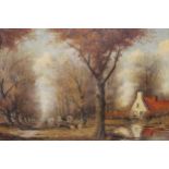 A. Sanders, 20th Century oil on canvas, woodcutters in a clearing, signed, 23ins x 38ins, gilt