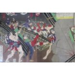 Japanese triptych coloured woodblock print of Kagoshima battle, by Toyohara Chikanobu, unframed,