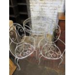 Small teak garden bench, two occasional tables and a white painted wirework circular table and