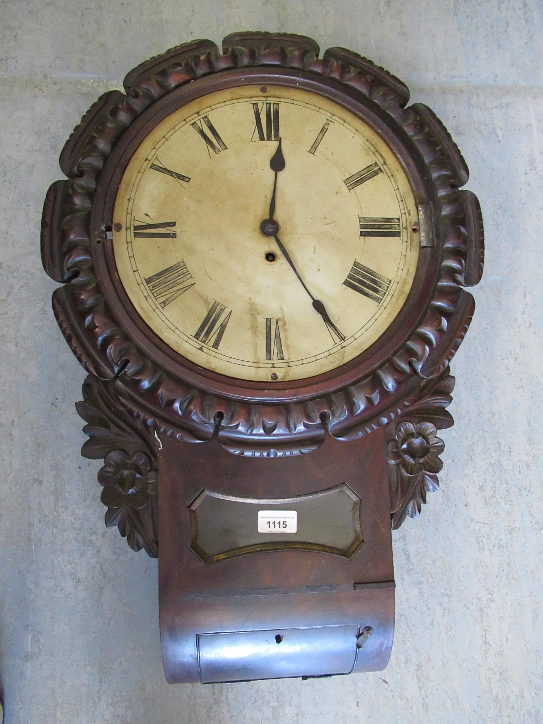 19th Century carved mahogany drop dial wall clock, the painted dial with Roman numerals and single