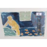 Bloomsbury Group style mixed media painting with charcoal, bathroom scene with bather, 8.5ins x
