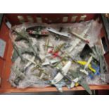 Tray containing a quantity of various model aeroplanes in wood, plastic and metal including some