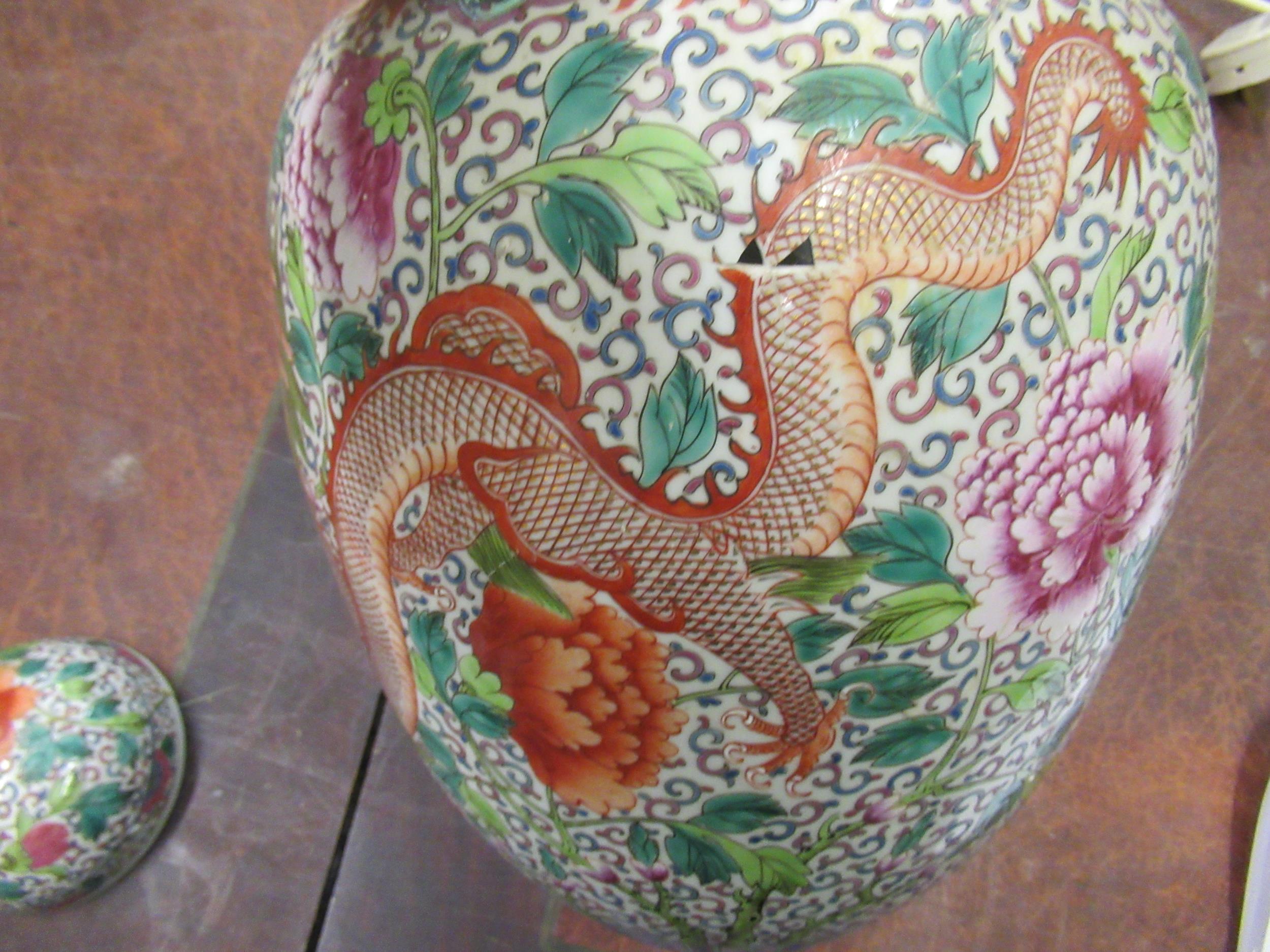 Large 20th Century Chinese jar and cover decorated with all-over polychrome dragons and flowers, - Image 4 of 6