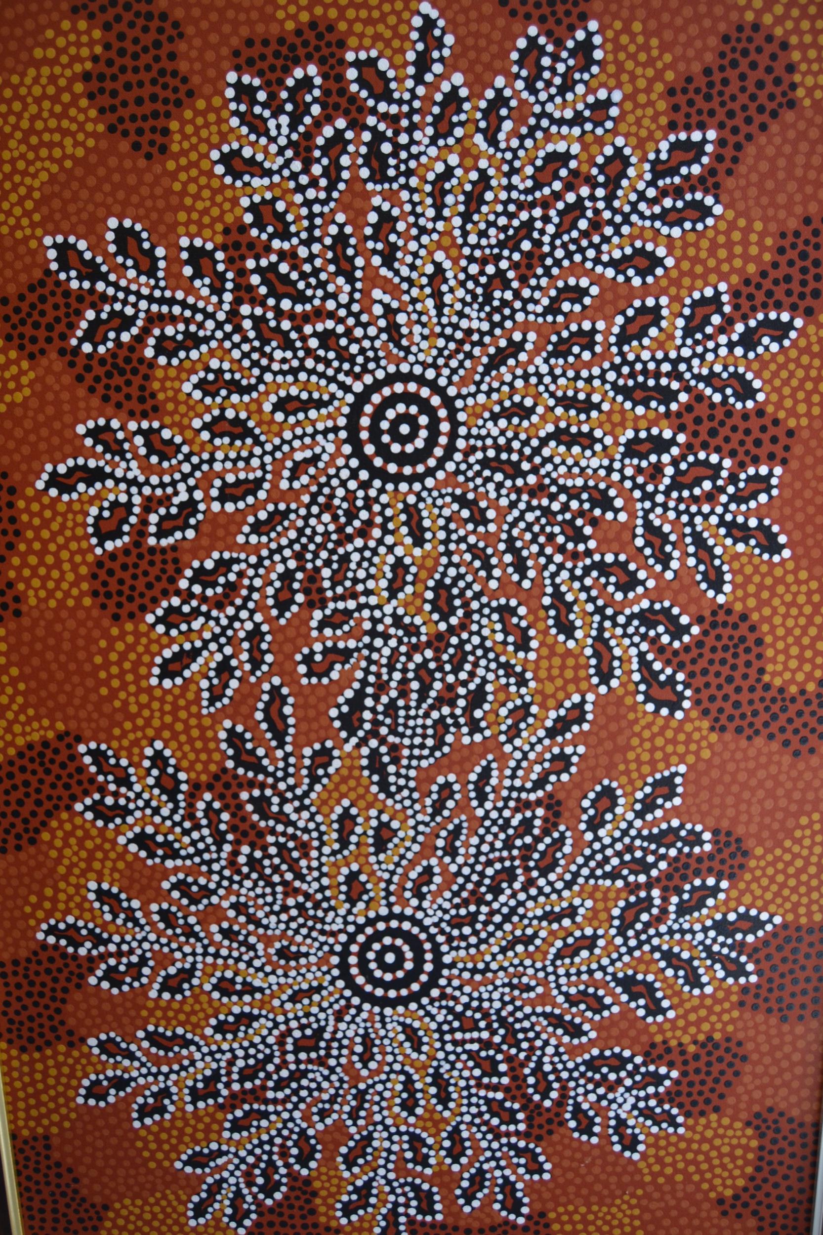 20th Century Aboriginal oil painting on canvas, inscribed verso ' Bush Patato Dreaming May-Gala