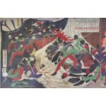 Japanese triptych coloured woodblock print of Kagoshima aftermath by Toyohara Chikanobu, unframed,