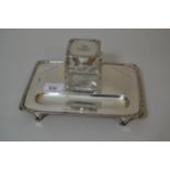 Edward VII rectangular London silver ink stand with silver mounted cut glass ink bottle