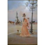 Lucia Sarto, signed oil on canvas of figures and horse drawn carriage on a promenade, 19.5ins x 15.