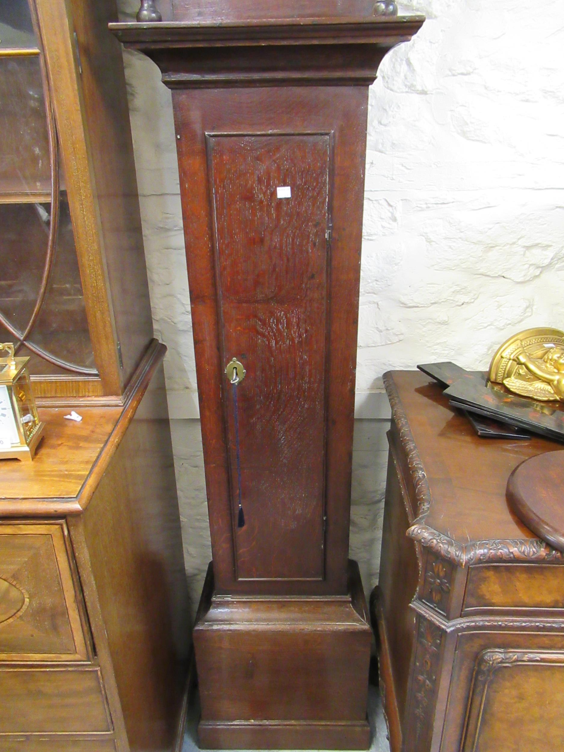 George III oak longcase clock, the square hood above rectangular panel door, the 10.5in brass and - Image 2 of 5