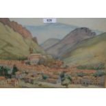 Watercolour, alpine village scene, 10ins x 14.5ins, gilt framed together with a pastel, signed