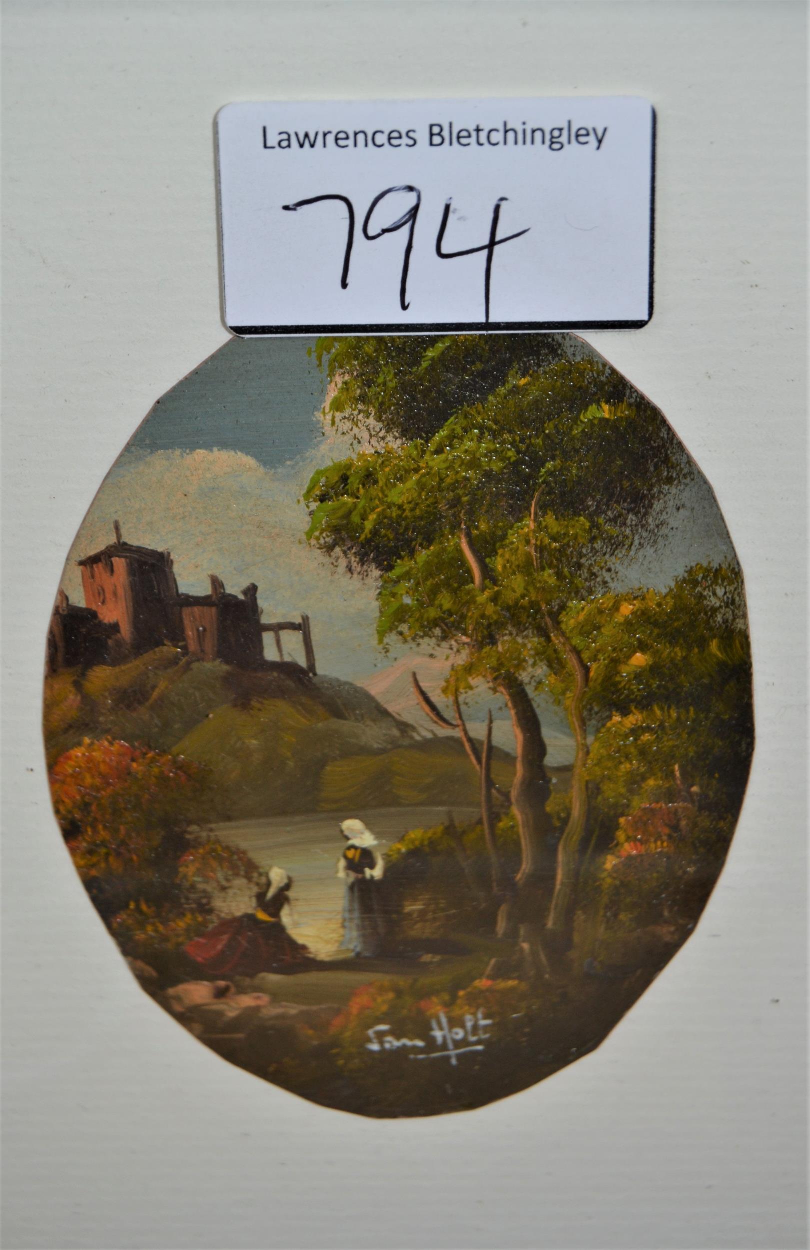 Van Holt, pair of miniature oval oil paintings on card, lake scenes with figures to the - Image 2 of 2