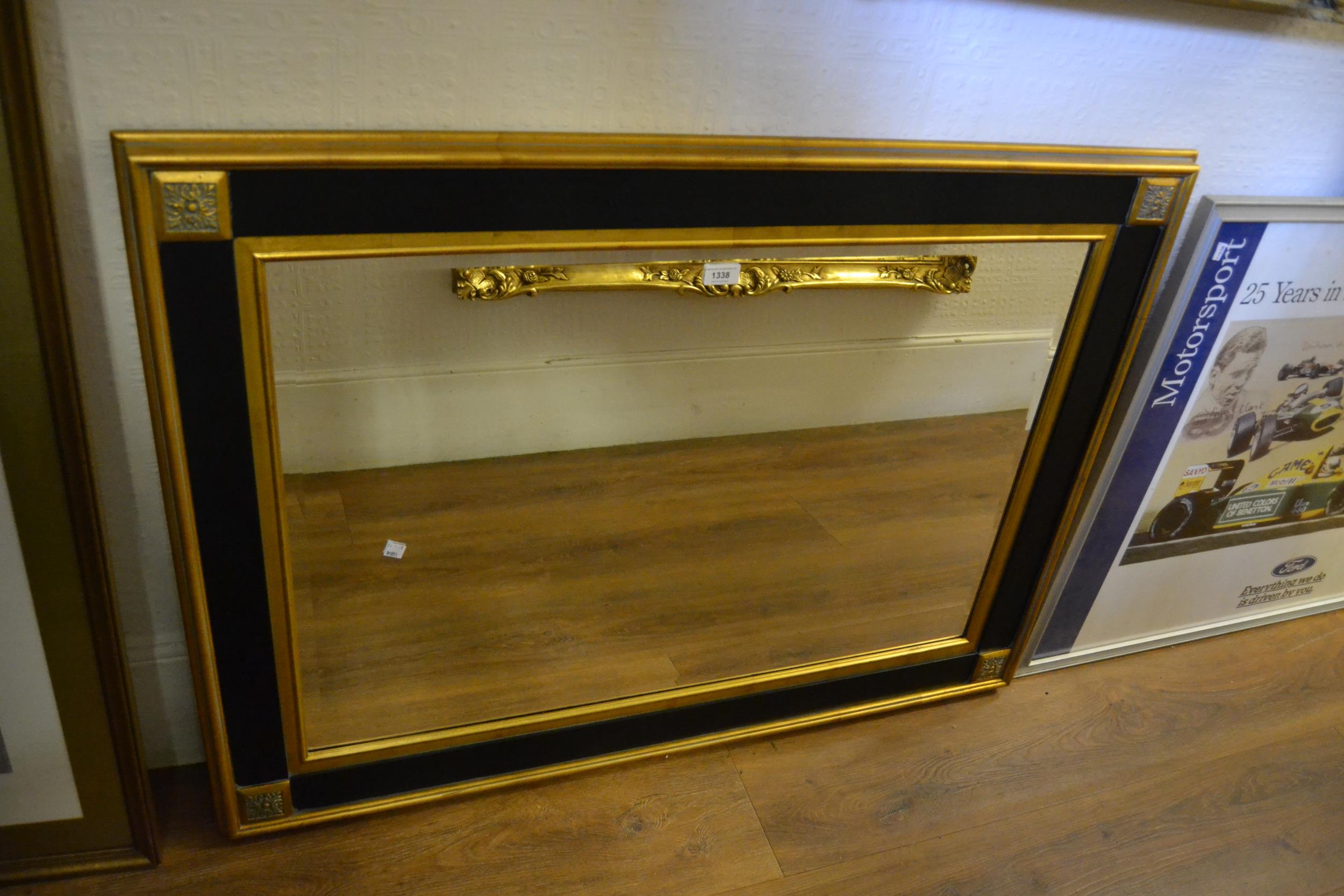 Reproduction gilt and black lacquer rectangular bevelled edge wall mirror, 32ins x 44ins