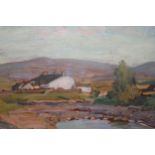 Reginald Grenville Eves, signed oil on mahogany panel, dwellings in a landscape, inscribed verso '