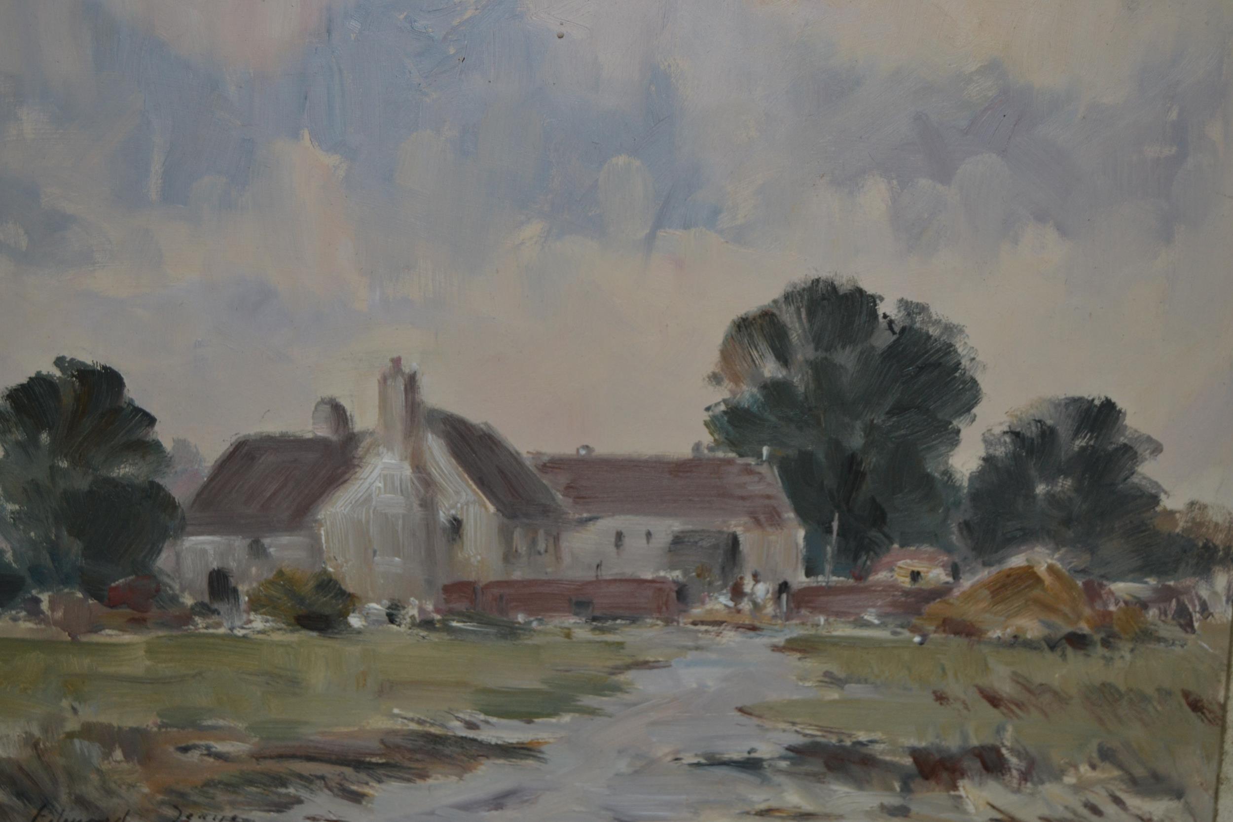 After Edward Seago, oil on board, landscape with figures by farm buildings, 11.5ins x 15.5ins (