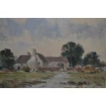 After Edward Seago, oil on board, landscape with figures by farm buildings, 11.5ins x 15.5ins (