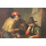 Antique Dutch school oil on metal panel, three figures in a tavern interior, period gilt framed,