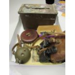 Quantity of various militaria including badges, pair of binoculars and a tape measure