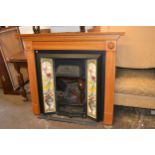 Reproduction oak and painted metal and tile inset fire surround, 51.5ins wide x 44ins high