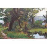 Two framed early 20th Century oils on panel, trees by a stream, monogrammed and studio stamp verso