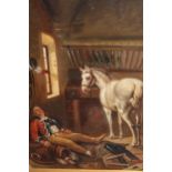 Oil on metal panel, stable interior with horse and sleeping soldier, 8.5ins x 6.5ins