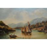 Oil on canvas, river scene with sailing vessel, 10ins x 21.5ins, gilt framed, together with a