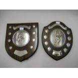 Two Stoneleigh Residents Tennis Club shield shaped trophies with silver plated mounts