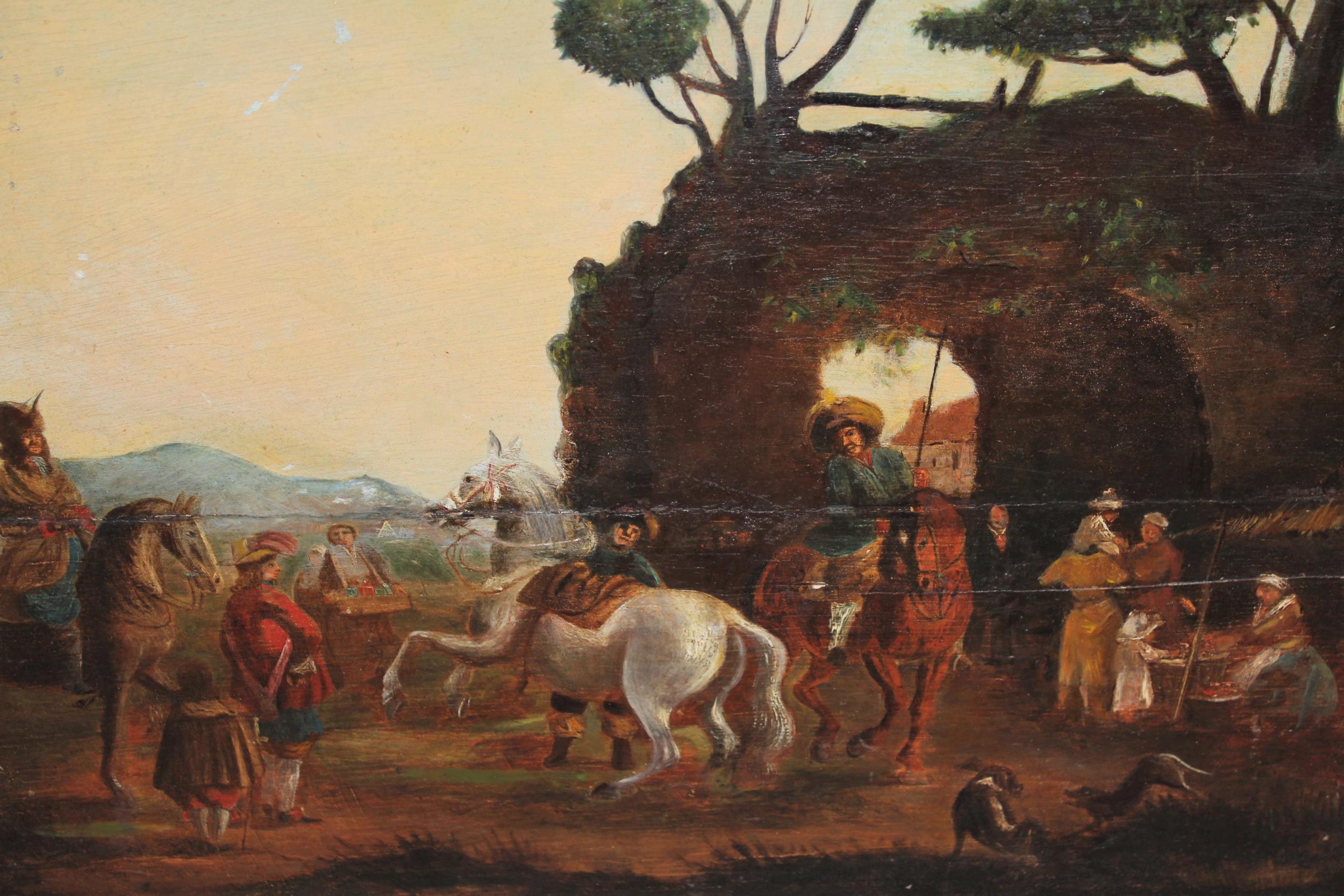 18th Century Continental oil on panel, figures and horses before an archway with trees above (