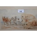 19th Century watercolour of horses and caravan in a landscape, inscribed on caravan, 6.25ins x 10.