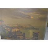 19th Century Neapolitan school oil on canvas, a harbour scene with distant erupting volcano,